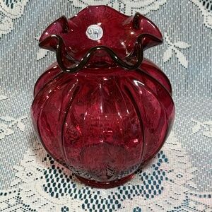 Fenton Glass Vase 95th Anniversary Cranberry Ruffled Optic Swirl